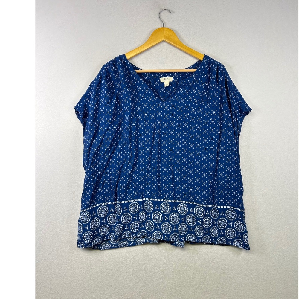 Style & Co Blouse Womens 3X Blue Excellent Boho V-Neck‎ Short Sleeve Rayon Print